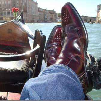 The lovely Stuart Gale and his Twin Zip Hemming Boots atop a Gondola in Venice. Hope you had a wonderful Anniversary! 