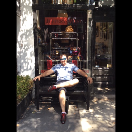 Mr Stuart Gale relaxing outside our New York store sporting the Lennon - Jet Set Driver Trainers in Black Calf.