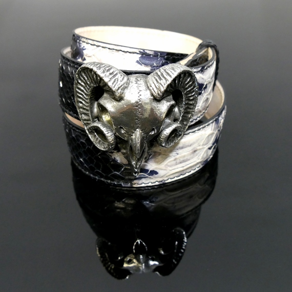 Decadent Belt - 'Crowley' Ram Skull - White Black Snake