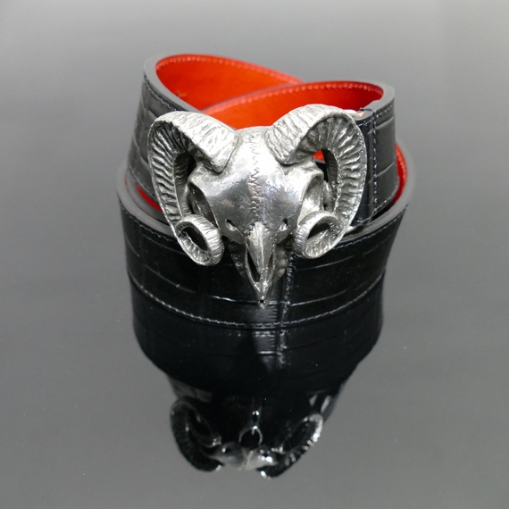 Infamous Belt - 'Crowley' Ram Skull Black Croc